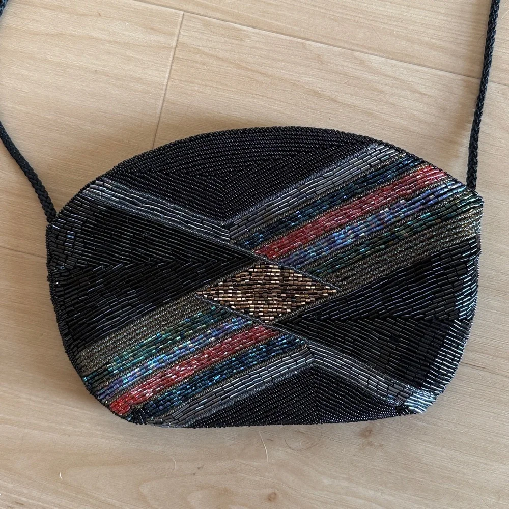 VINTAGE BEADED CLUTCH PURSE GEOMETRIC BLACK MULTICOLORED EVENING BAG CROSSBODY